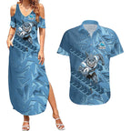 Cronulla Sutherland Sharks Rugby Couples Matching Summer Maxi Dress and Hawaiian Shirt Fierce Mascot Geometric Tribal Art