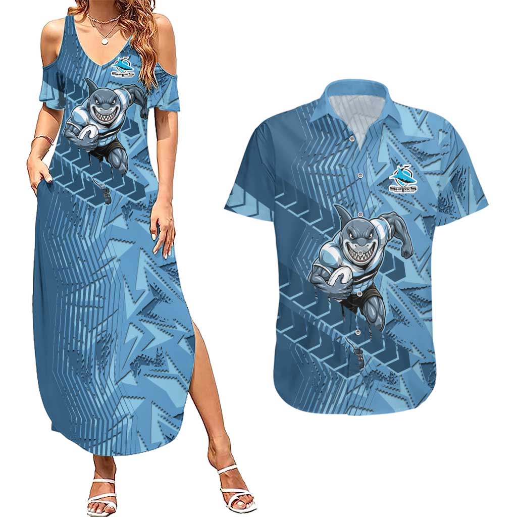 Cronulla Sutherland Sharks Rugby Couples Matching Summer Maxi Dress and Hawaiian Shirt Fierce Mascot Geometric Tribal Art