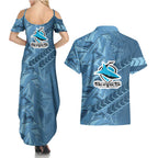 Cronulla Sutherland Sharks Rugby Couples Matching Summer Maxi Dress and Hawaiian Shirt Fierce Mascot Geometric Tribal Art