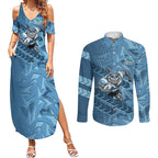 Cronulla Sutherland Sharks Rugby Couples Matching Summer Maxi Dress and Long Sleeve Button Shirt Fierce Mascot Geometric Tribal Art