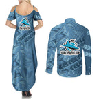 Cronulla Sutherland Sharks Rugby Couples Matching Summer Maxi Dress and Long Sleeve Button Shirt Fierce Mascot Geometric Tribal Art