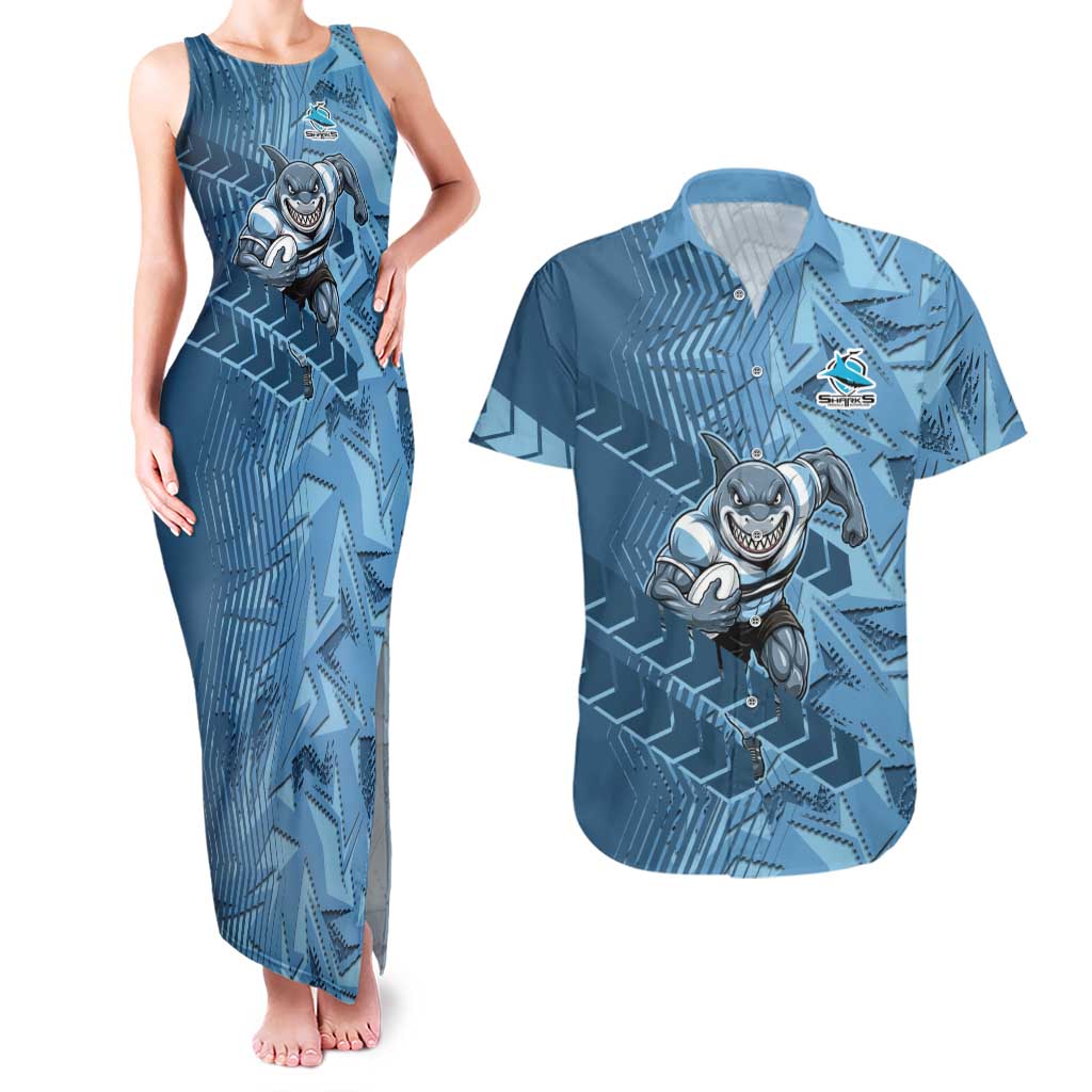 Cronulla Sutherland Sharks Rugby Couples Matching Tank Maxi Dress and Hawaiian Shirt Fierce Mascot Geometric Tribal Art