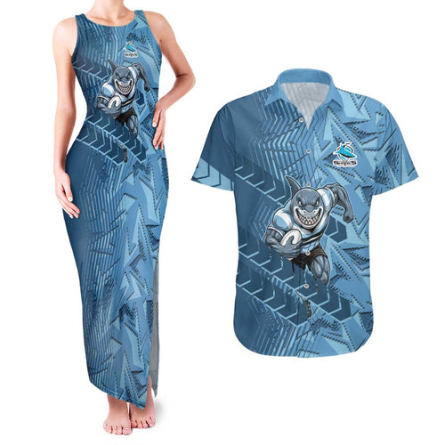 Cronulla Sutherland Sharks Rugby Couples Matching Tank Maxi Dress and Hawaiian Shirt Fierce Mascot Geometric Tribal Art