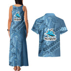 Cronulla Sutherland Sharks Rugby Couples Matching Tank Maxi Dress and Hawaiian Shirt Fierce Mascot Geometric Tribal Art