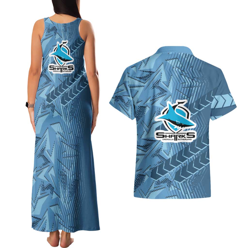 Cronulla Sutherland Sharks Rugby Couples Matching Tank Maxi Dress and Hawaiian Shirt Fierce Mascot Geometric Tribal Art