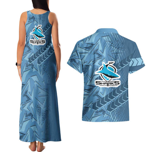Cronulla Sutherland Sharks Rugby Couples Matching Tank Maxi Dress and Hawaiian Shirt Fierce Mascot Geometric Tribal Art