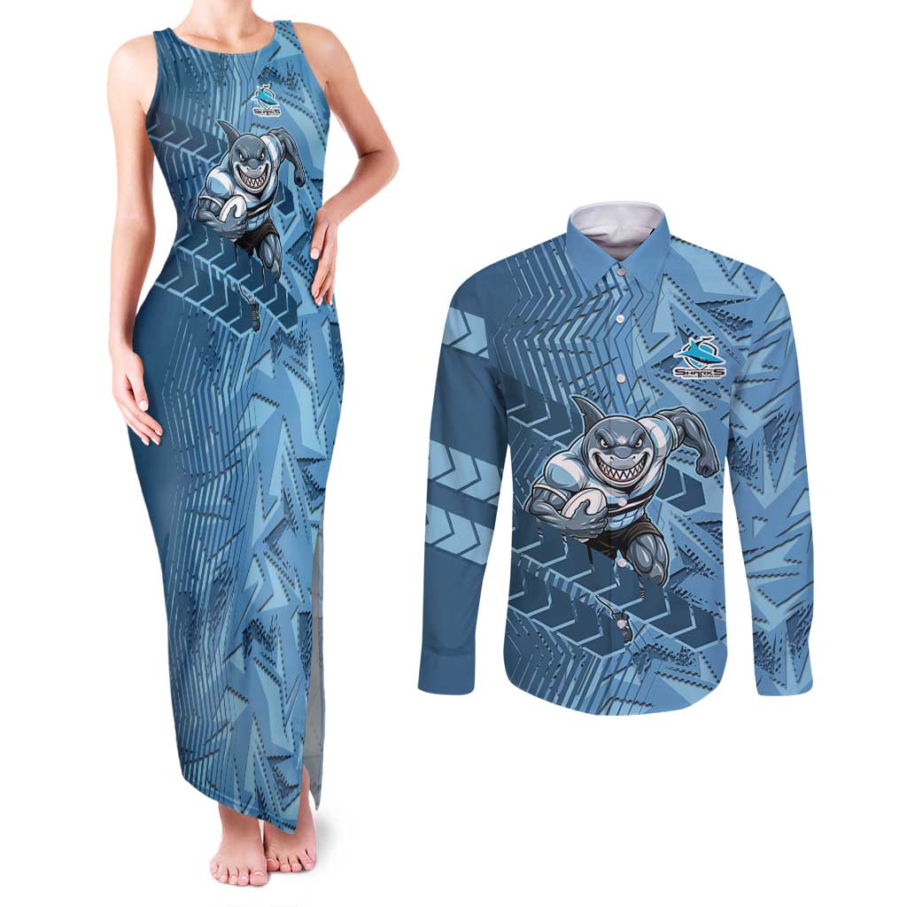 Cronulla Sutherland Sharks Rugby Couples Matching Tank Maxi Dress and Long Sleeve Button Shirt Fierce Mascot Geometric Tribal Art