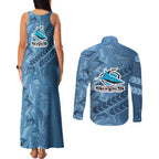 Cronulla Sutherland Sharks Rugby Couples Matching Tank Maxi Dress and Long Sleeve Button Shirt Fierce Mascot Geometric Tribal Art