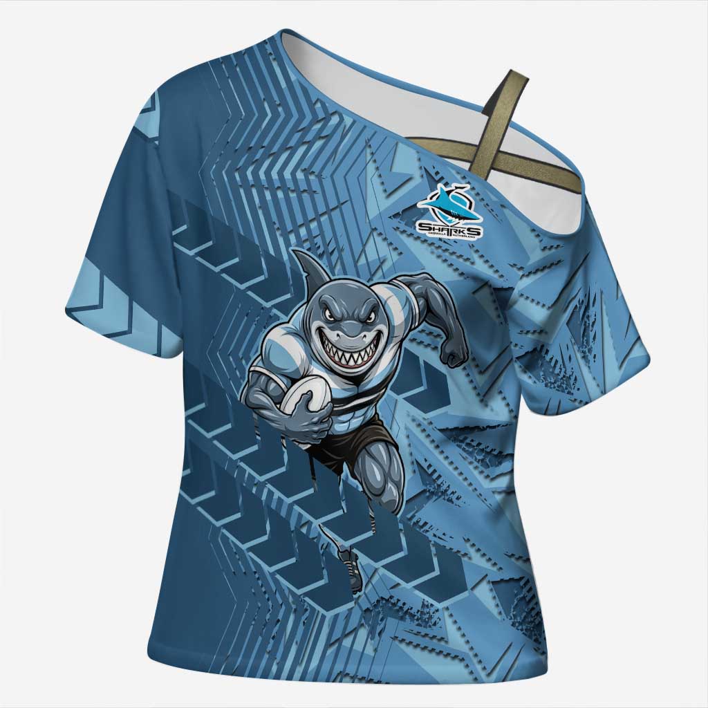 Cronulla Sutherland Sharks Rugby Cross Shoulder Shirt Fierce Mascot Geometric Tribal Art