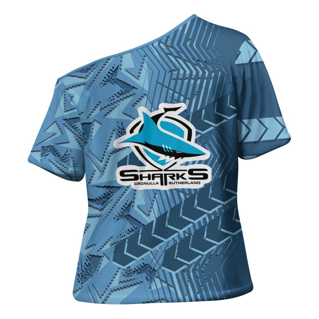 Cronulla Sutherland Sharks Rugby Cross Shoulder Shirt Fierce Mascot Geometric Tribal Art