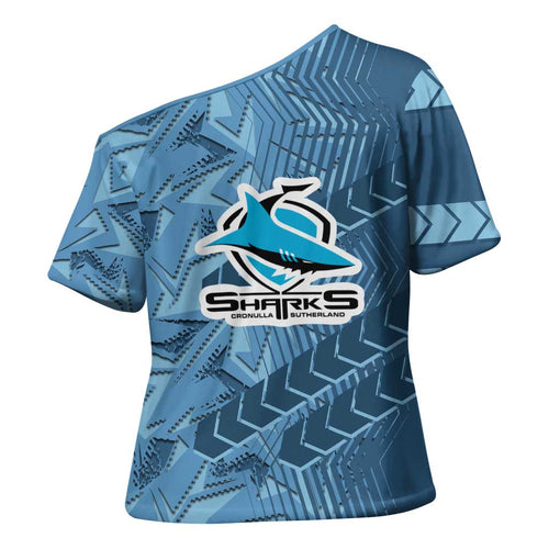Cronulla Sutherland Sharks Rugby Cross Shoulder Shirt Fierce Mascot Geometric Tribal Art