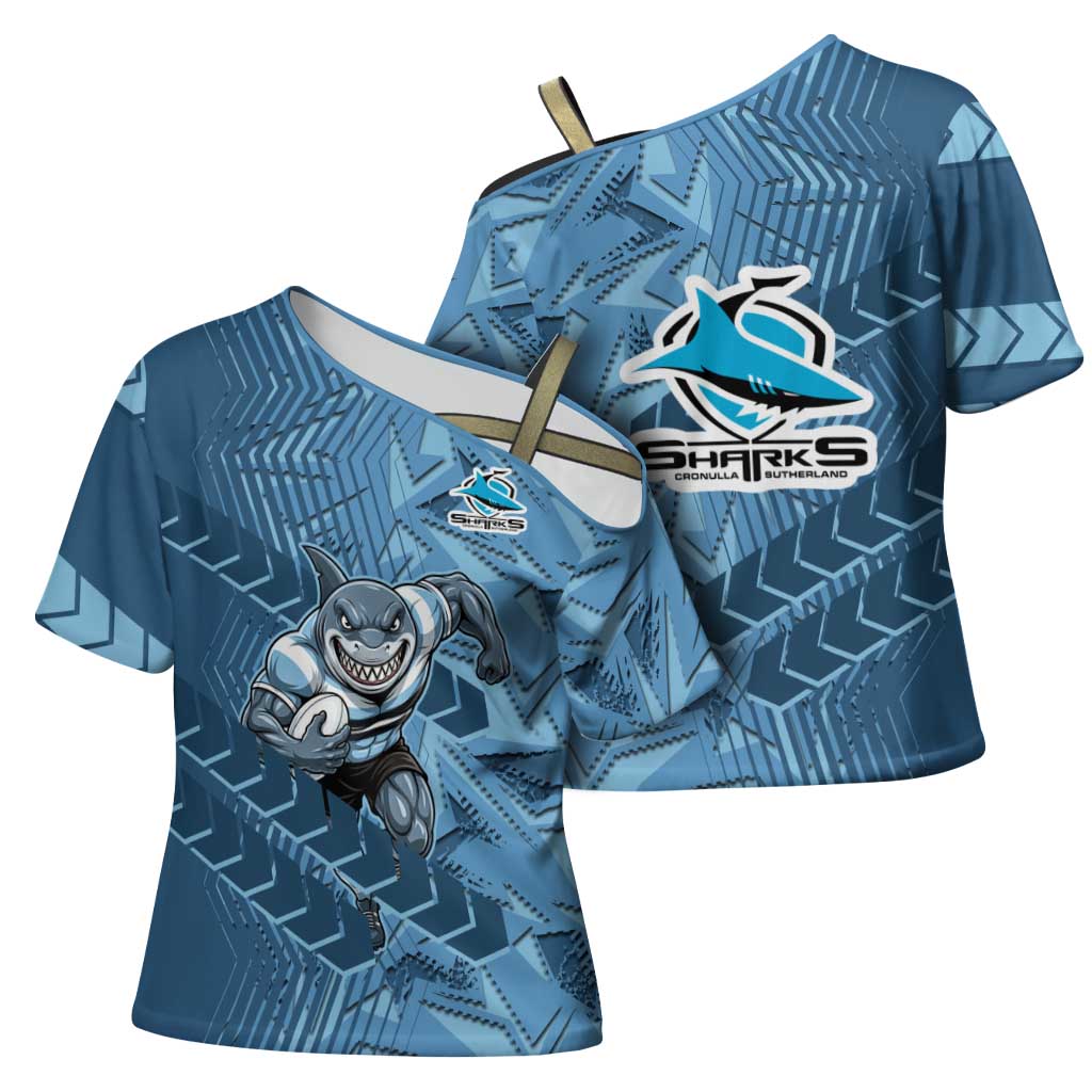 Cronulla Sutherland Sharks Rugby Cross Shoulder Shirt Fierce Mascot Geometric Tribal Art