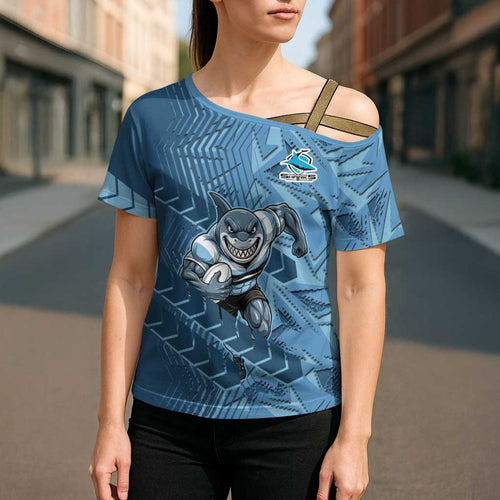 Cronulla Sutherland Sharks Rugby Cross Shoulder Shirt Fierce Mascot Geometric Tribal Art