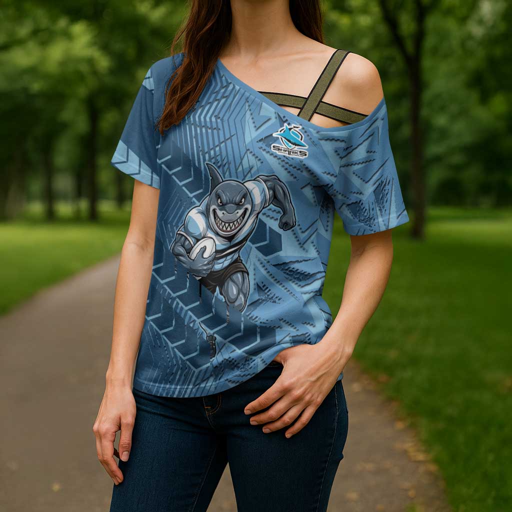 Cronulla Sutherland Sharks Rugby Cross Shoulder Shirt Fierce Mascot Geometric Tribal Art