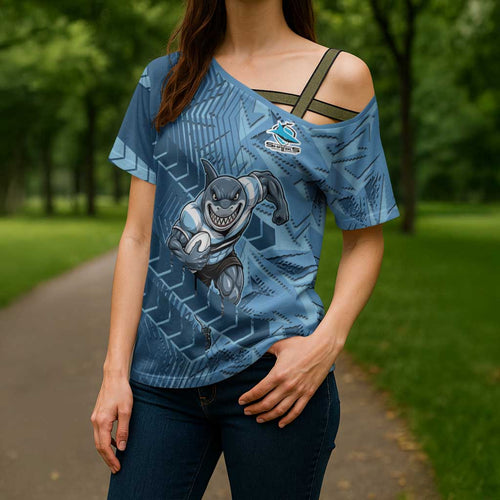 Cronulla Sutherland Sharks Rugby Cross Shoulder Shirt Fierce Mascot Geometric Tribal Art