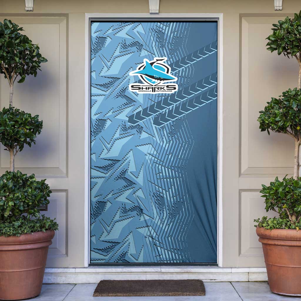 Cronulla Sutherland Sharks Rugby Door Cover Fierce Mascot Geometric Tribal Art