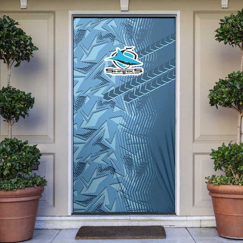 Cronulla Sutherland Sharks Rugby Door Cover Fierce Mascot Geometric Tribal Art