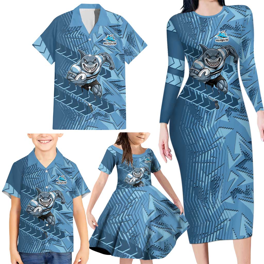 Cronulla Sutherland Sharks Rugby Family Matching Long Sleeve Bodycon Dress and Hawaiian Shirt Fierce Mascot Geometric Tribal Art