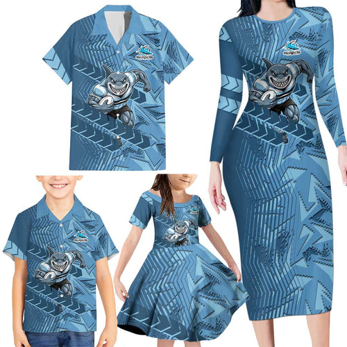 Cronulla Sutherland Sharks Rugby Family Matching Long Sleeve Bodycon Dress and Hawaiian Shirt Fierce Mascot Geometric Tribal Art