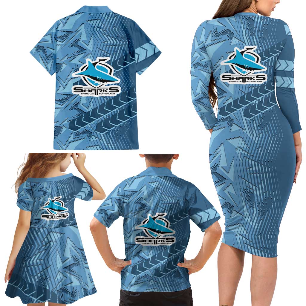Cronulla Sutherland Sharks Rugby Family Matching Long Sleeve Bodycon Dress and Hawaiian Shirt Fierce Mascot Geometric Tribal Art