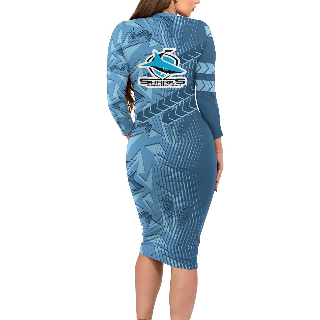 Cronulla Sutherland Sharks Rugby Family Matching Long Sleeve Bodycon Dress and Hawaiian Shirt Fierce Mascot Geometric Tribal Art