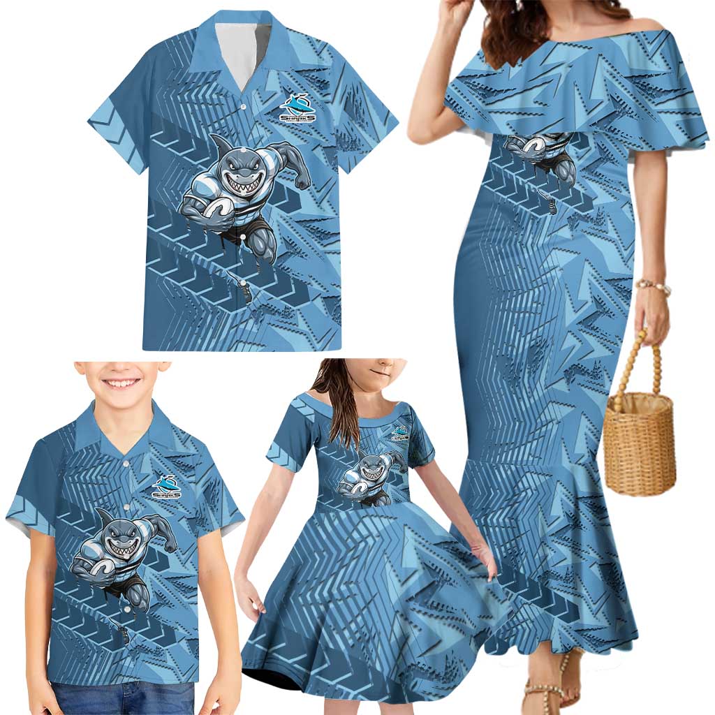 Cronulla Sutherland Sharks Rugby Family Matching Mermaid Dress and Hawaiian Shirt Fierce Mascot Geometric Tribal Art