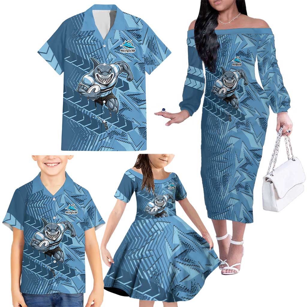 Cronulla Sutherland Sharks Rugby Family Matching Off The Shoulder Long Sleeve Dress and Hawaiian Shirt Fierce Mascot Geometric Tribal Art