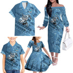Cronulla Sutherland Sharks Rugby Family Matching Off The Shoulder Long Sleeve Dress and Hawaiian Shirt Fierce Mascot Geometric Tribal Art