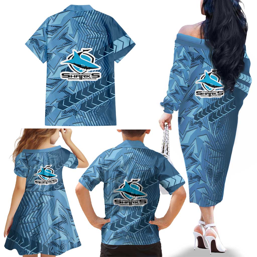 Cronulla Sutherland Sharks Rugby Family Matching Off The Shoulder Long Sleeve Dress and Hawaiian Shirt Fierce Mascot Geometric Tribal Art