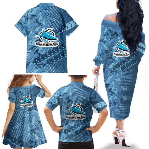 Cronulla Sutherland Sharks Rugby Family Matching Off The Shoulder Long Sleeve Dress and Hawaiian Shirt Fierce Mascot Geometric Tribal Art