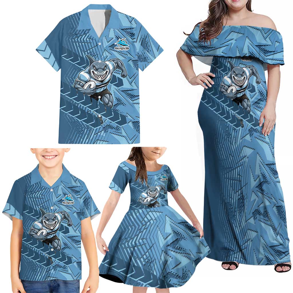 Cronulla Sutherland Sharks Rugby Family Matching Off Shoulder Maxi Dress and Hawaiian Shirt Fierce Mascot Geometric Tribal Art