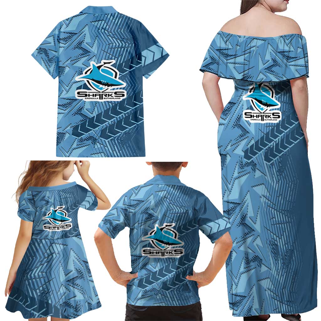 Cronulla Sutherland Sharks Rugby Family Matching Off Shoulder Maxi Dress and Hawaiian Shirt Fierce Mascot Geometric Tribal Art