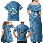 Cronulla Sutherland Sharks Rugby Family Matching Off Shoulder Maxi Dress and Hawaiian Shirt Fierce Mascot Geometric Tribal Art