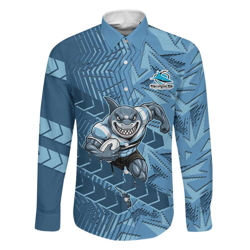 Cronulla Sutherland Sharks Rugby Family Matching Off Shoulder Maxi Dress and Hawaiian Shirt Fierce Mascot Geometric Tribal Art