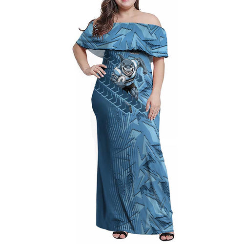 Cronulla Sutherland Sharks Rugby Family Matching Off Shoulder Maxi Dress and Hawaiian Shirt Fierce Mascot Geometric Tribal Art