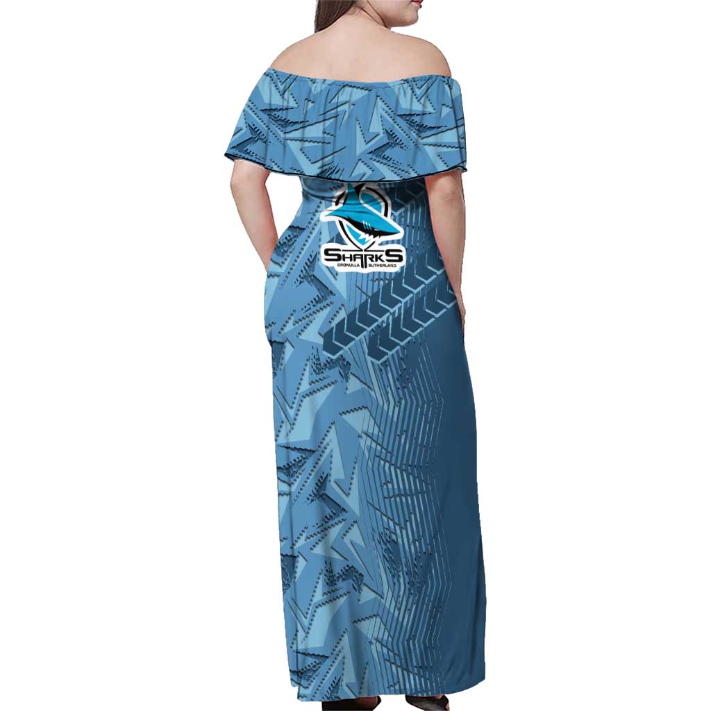 Cronulla Sutherland Sharks Rugby Family Matching Off Shoulder Maxi Dress and Hawaiian Shirt Fierce Mascot Geometric Tribal Art