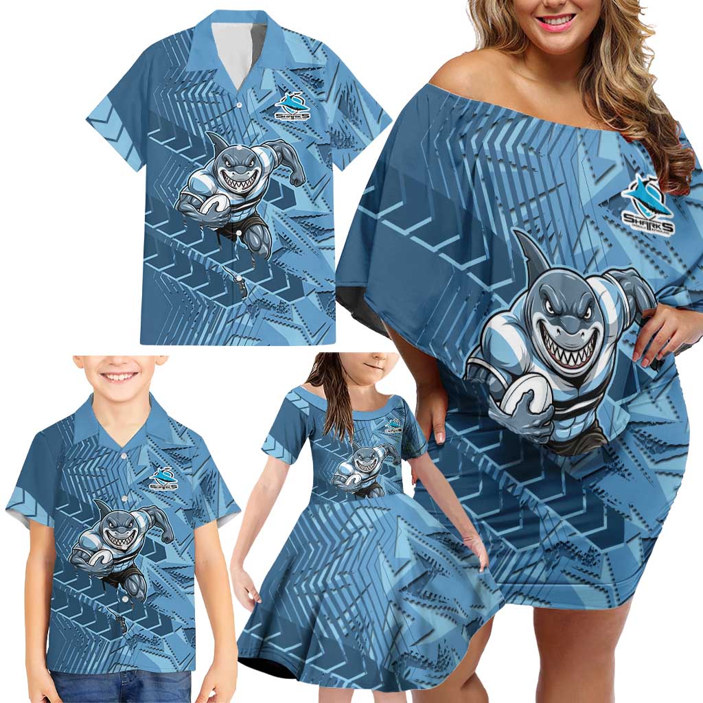 Cronulla Sutherland Sharks Rugby Family Matching Off Shoulder Short Dress and Hawaiian Shirt Fierce Mascot Geometric Tribal Art