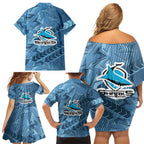Cronulla Sutherland Sharks Rugby Family Matching Off Shoulder Short Dress and Hawaiian Shirt Fierce Mascot Geometric Tribal Art