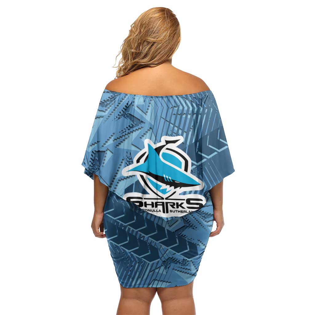 Cronulla Sutherland Sharks Rugby Family Matching Off Shoulder Short Dress and Hawaiian Shirt Fierce Mascot Geometric Tribal Art