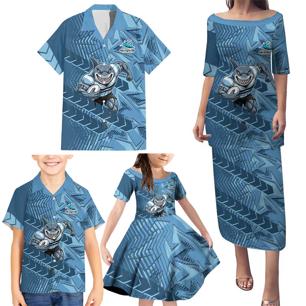 Cronulla Sutherland Sharks Rugby Family Matching Puletasi and Hawaiian Shirt Fierce Mascot Geometric Tribal Art