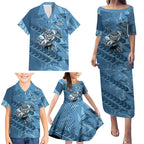 Cronulla Sutherland Sharks Rugby Family Matching Puletasi and Hawaiian Shirt Fierce Mascot Geometric Tribal Art