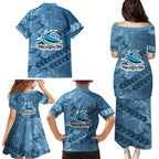 Cronulla Sutherland Sharks Rugby Family Matching Puletasi and Hawaiian Shirt Fierce Mascot Geometric Tribal Art