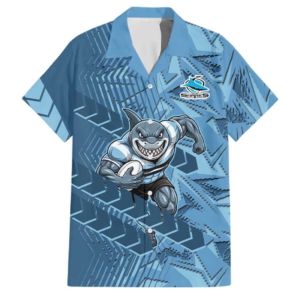 Cronulla Sutherland Sharks Rugby Family Matching Puletasi and Hawaiian Shirt Fierce Mascot Geometric Tribal Art