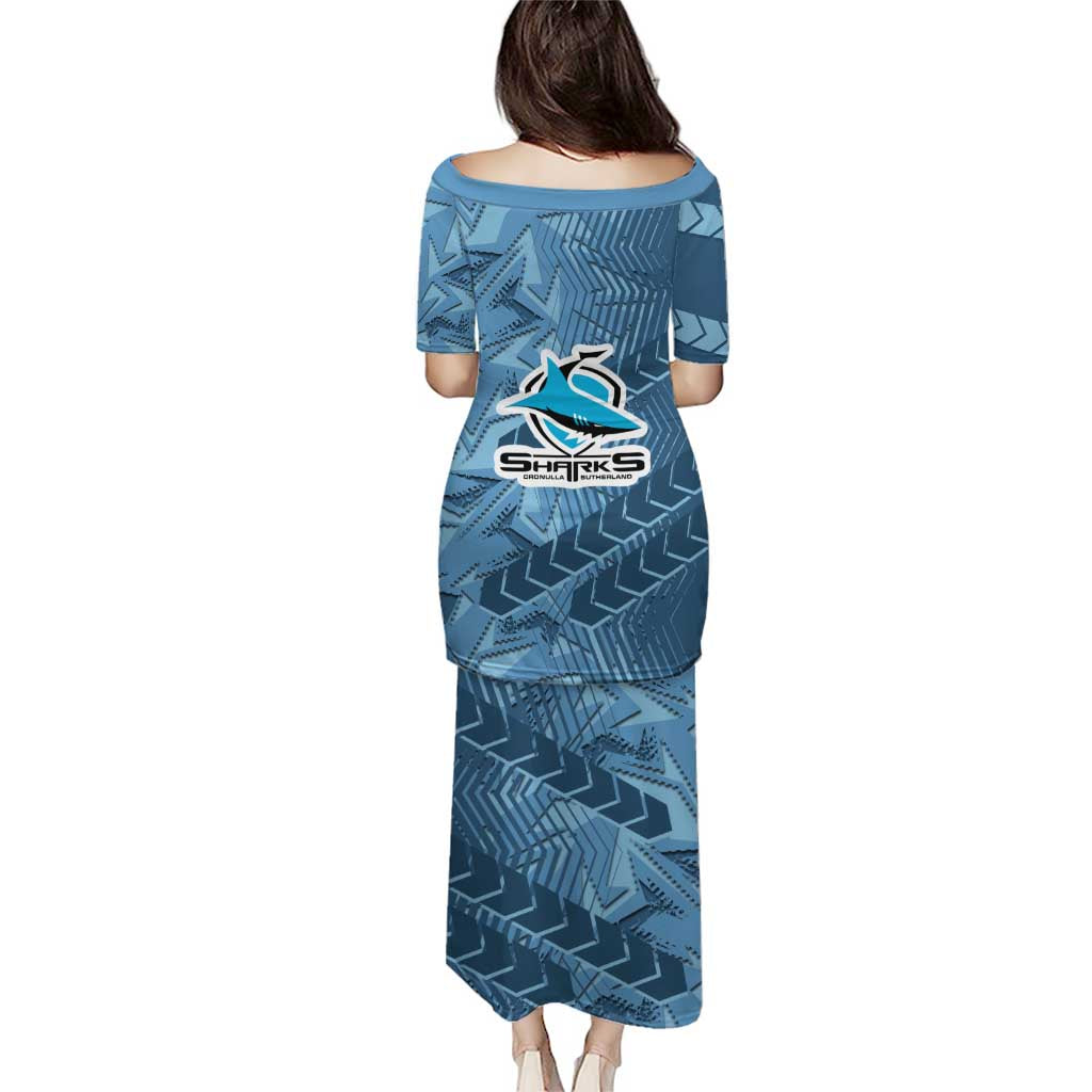 Cronulla Sutherland Sharks Rugby Family Matching Puletasi and Hawaiian Shirt Fierce Mascot Geometric Tribal Art