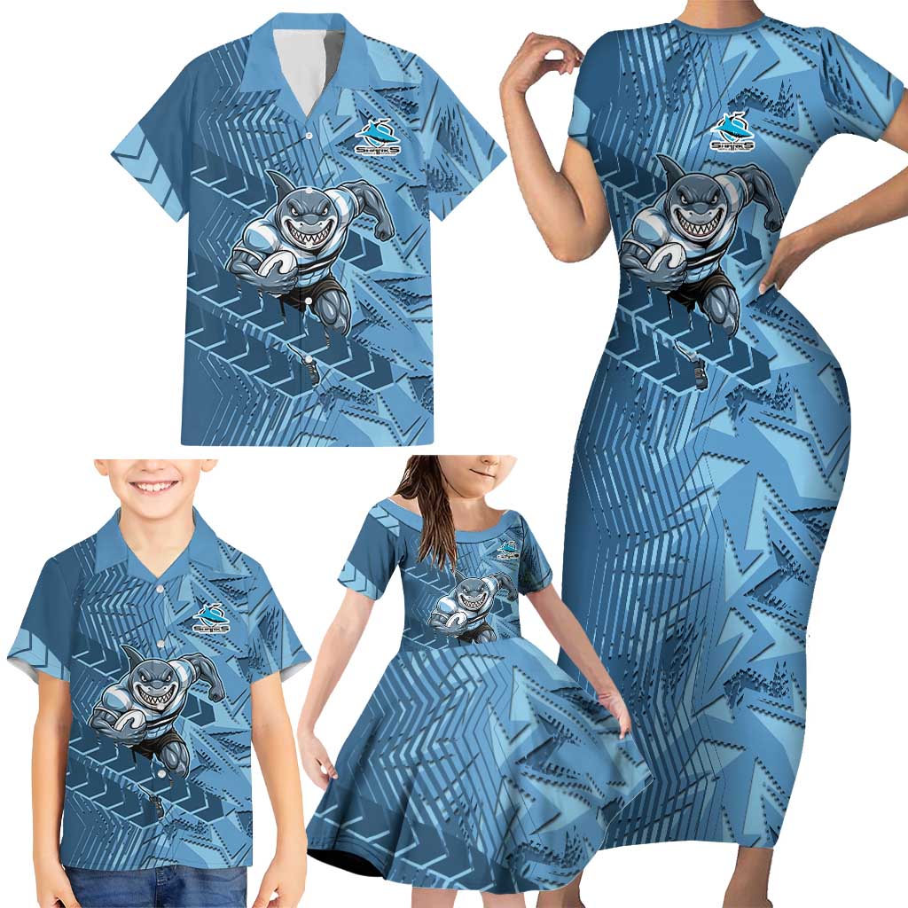 Cronulla Sutherland Sharks Rugby Family Matching Short Sleeve Bodycon Dress and Hawaiian Shirt Fierce Mascot Geometric Tribal Art