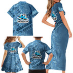 Cronulla Sutherland Sharks Rugby Family Matching Short Sleeve Bodycon Dress and Hawaiian Shirt Fierce Mascot Geometric Tribal Art