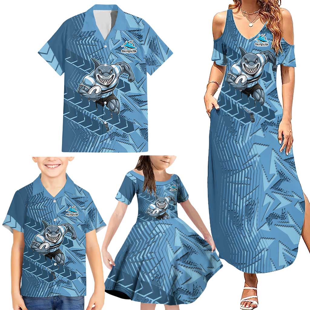 Cronulla Sutherland Sharks Rugby Family Matching Summer Maxi Dress and Hawaiian Shirt Fierce Mascot Geometric Tribal Art