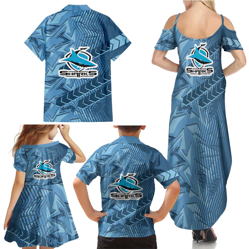 Cronulla Sutherland Sharks Rugby Family Matching Summer Maxi Dress and Hawaiian Shirt Fierce Mascot Geometric Tribal Art