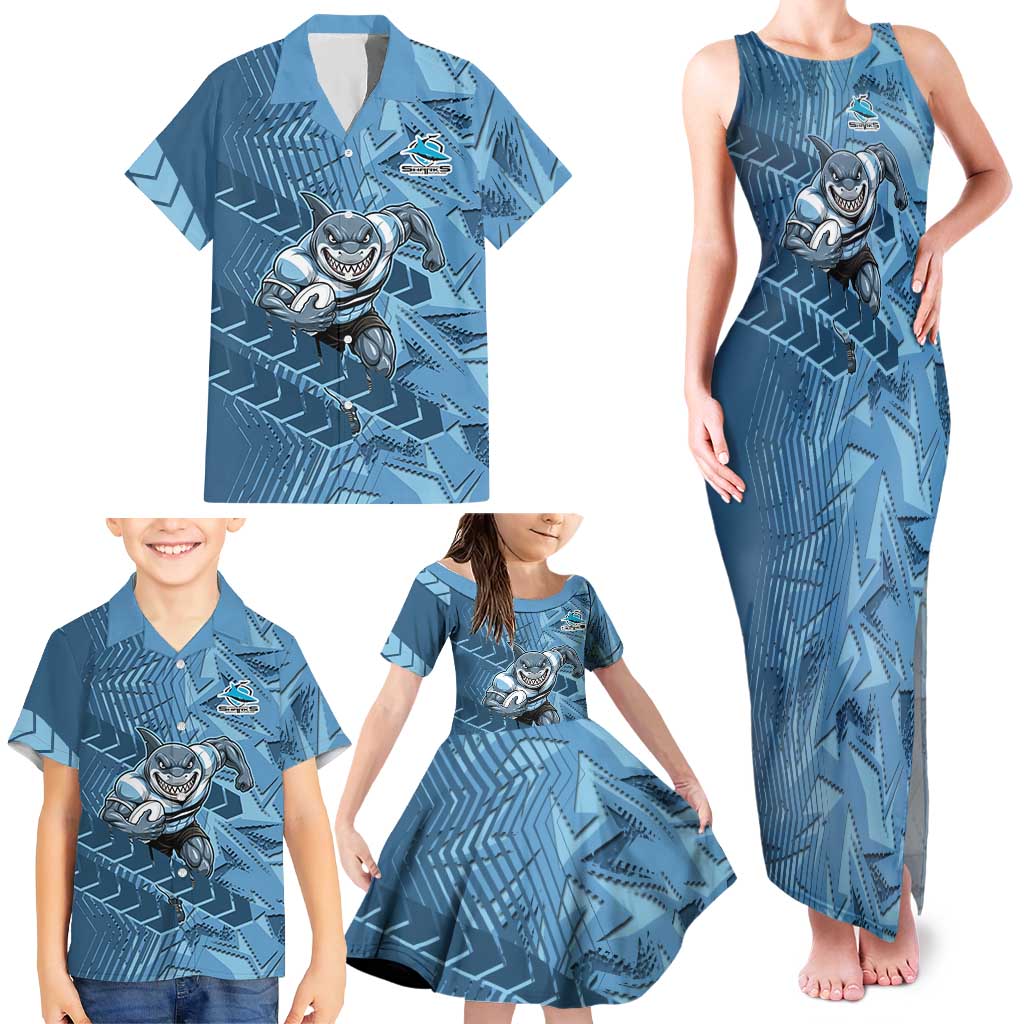 Cronulla Sutherland Sharks Rugby Family Matching Tank Maxi Dress and Hawaiian Shirt Fierce Mascot Geometric Tribal Art