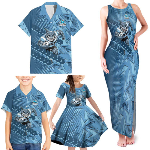 Cronulla Sutherland Sharks Rugby Family Matching Tank Maxi Dress and Hawaiian Shirt Fierce Mascot Geometric Tribal Art